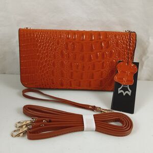 Melodie Cecile M.C. Orange Crossbody Wallet Croc Print Skin Leather Zip Around